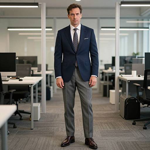 Confident Man in Navy Blazer Standing in Modern Office Space
