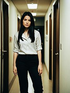 Confident Woman Standing in Hallway Wearing Casual Striped Shirt and Black Pants