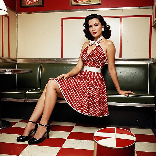 Woman in 1950s Red Polka Dot Dress Sitting in Retro Diner Booth