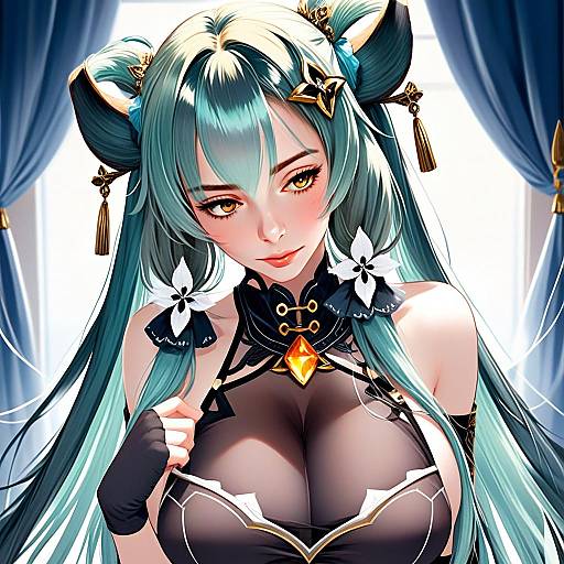 Anime Style Portrait of Woman with Teal Hair and Ornate Outfit from Honkai Impact
