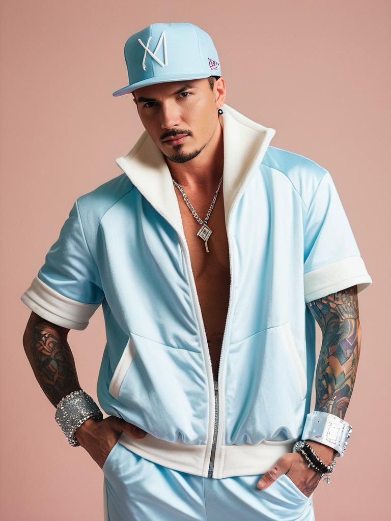 Man Cosplay Wearing Vanilla Ice Costume in Light Blue Tracksuit