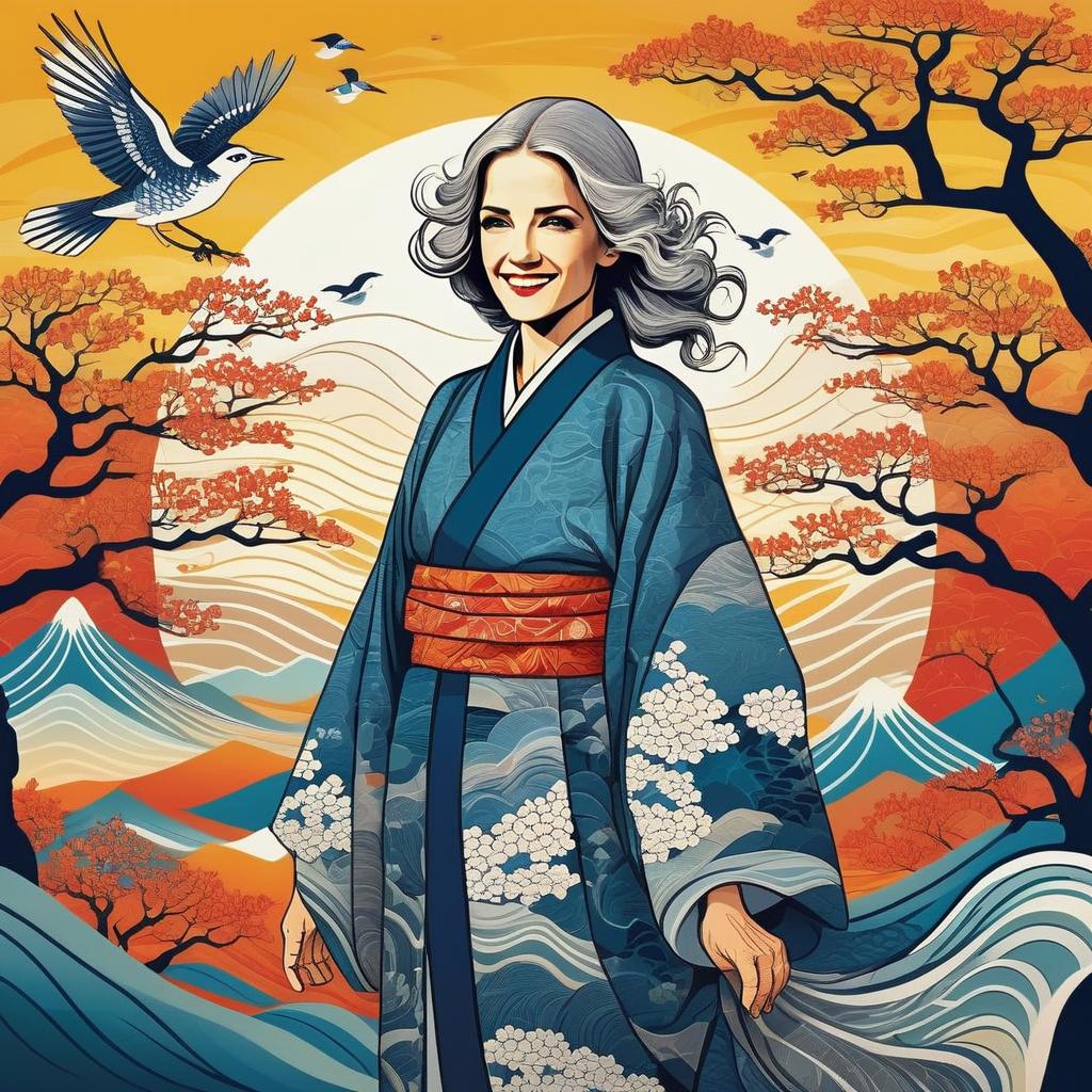Smiling Woman in Traditional Robe Against Vibrant Backdrop Smiling Woman in Traditional Robe Against Vibrant Backdrop