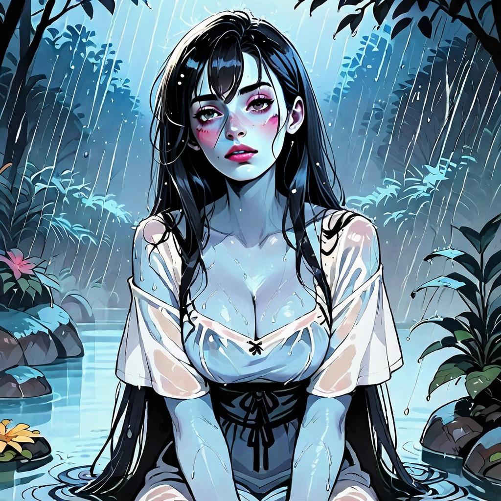 Anime Style Illustration of Woman in Rainy Forest Pond