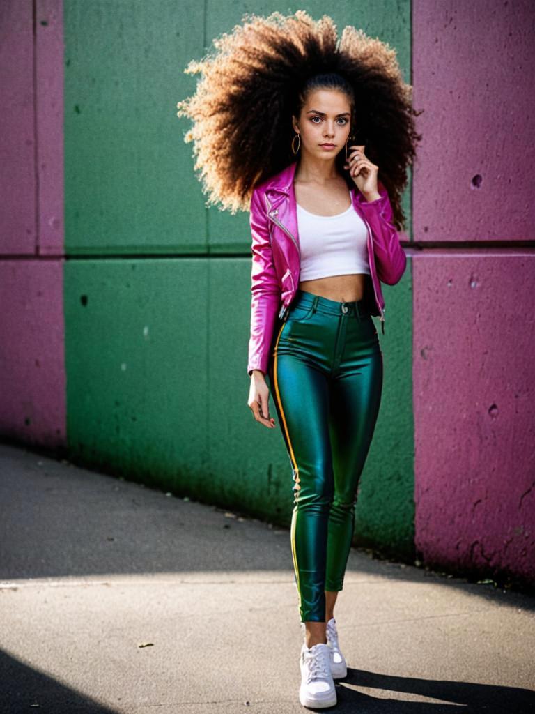 Confident Woman in Pink Leather Jacket and Green Pants