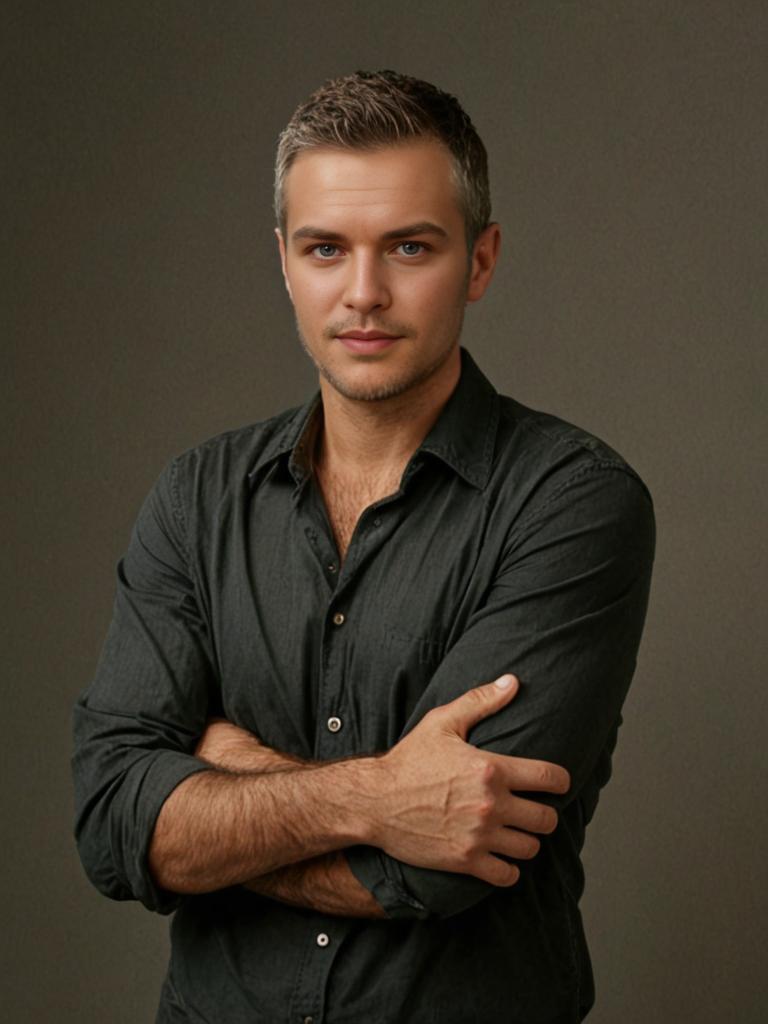 Confident young man in green shirt with blue eyes