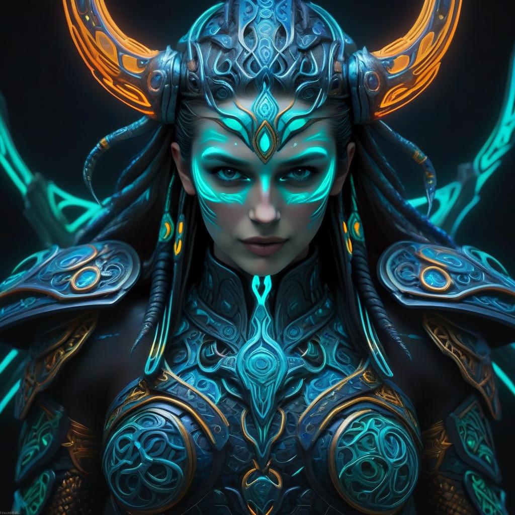 Woman in Glowing Armor with Tribal Designs