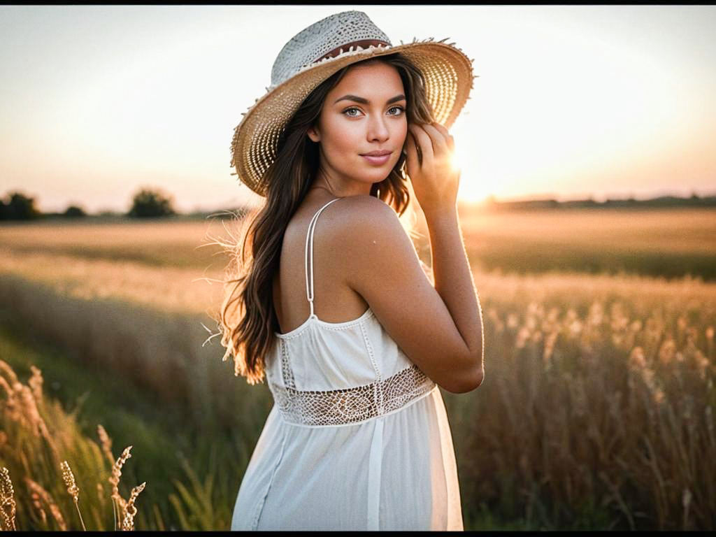 Woman in White Dress in Sunlit Field