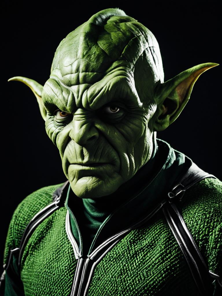 Photorealistic Portrait of Man in Green Goblin Costume with Detailed Makeup and Textured Outfit