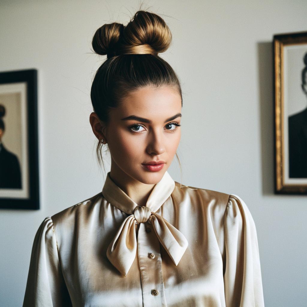 Elegant Woman with Double Bun Hairstyle and Satin Bow Blouse Portrait