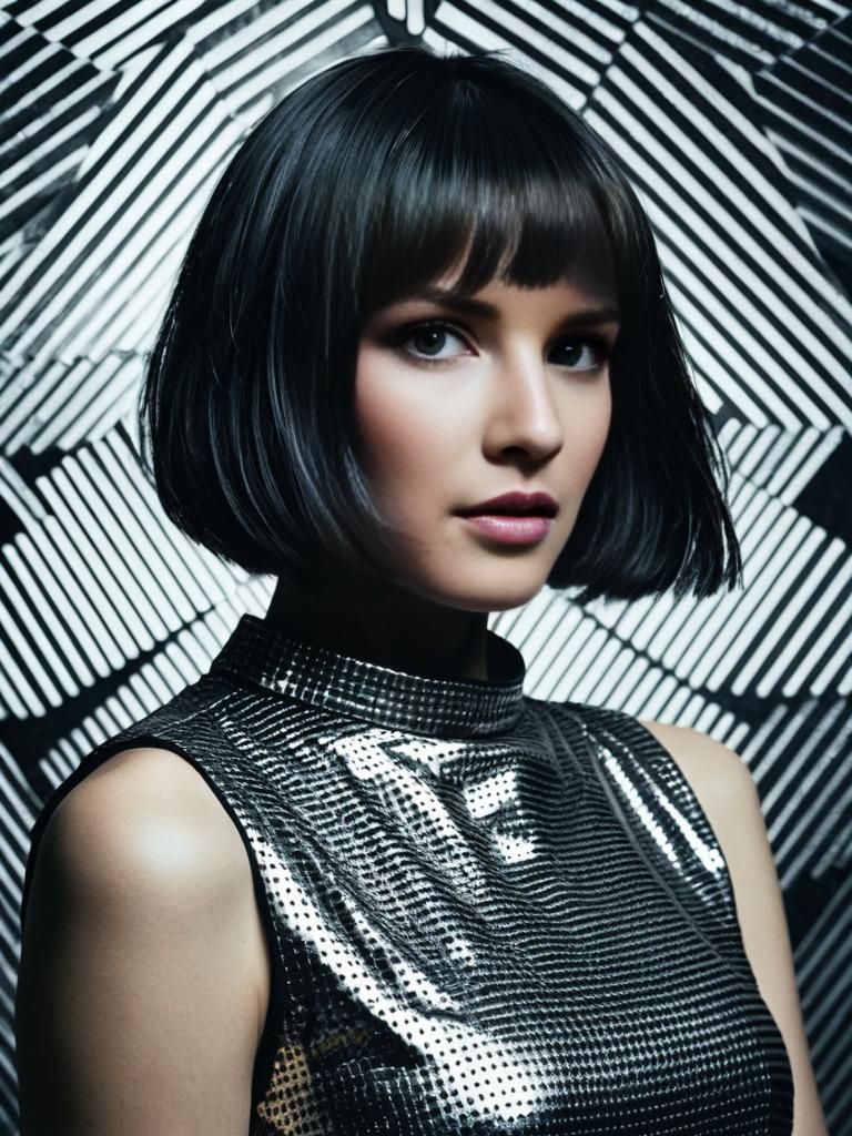 Stylish Woman with Black Bob Haircut in Metallic Reflective Top Against Geometric Background