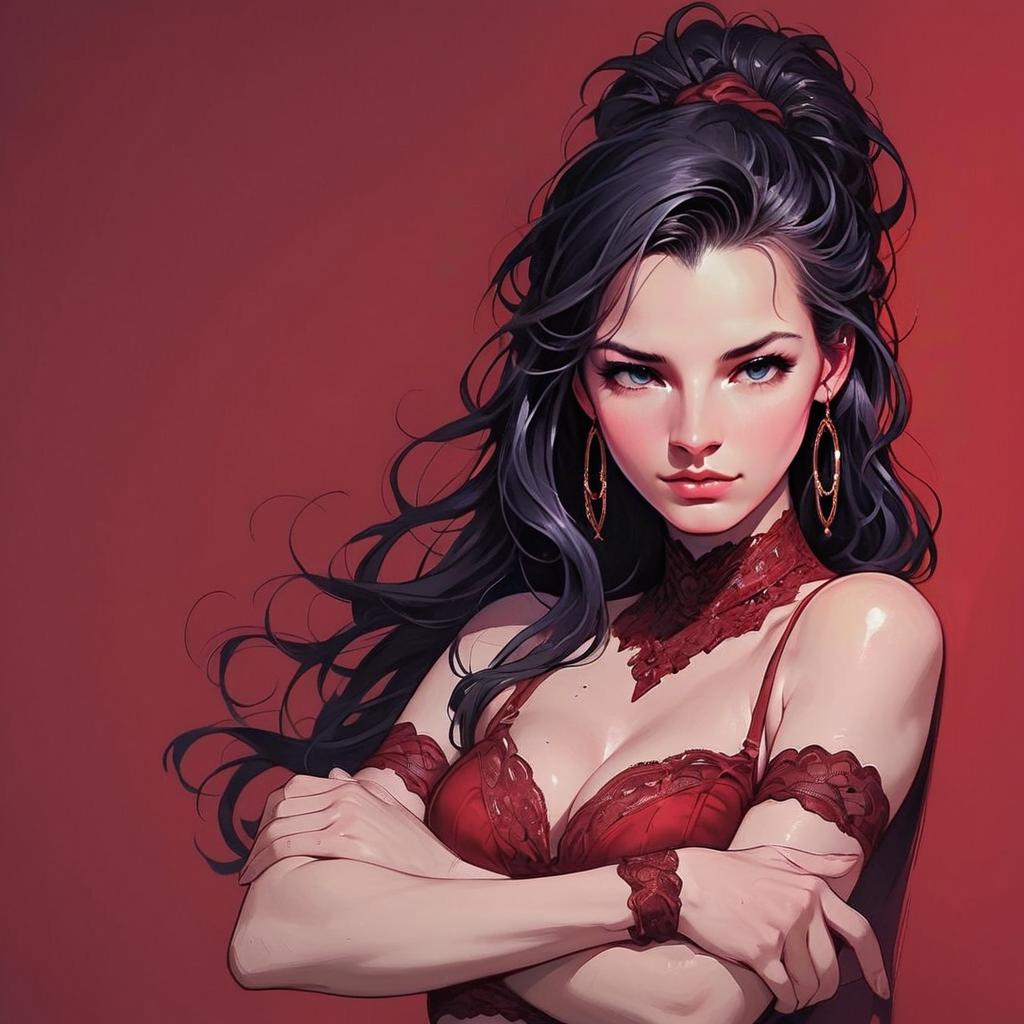 Confident Young Woman in Red Lace Lingerie