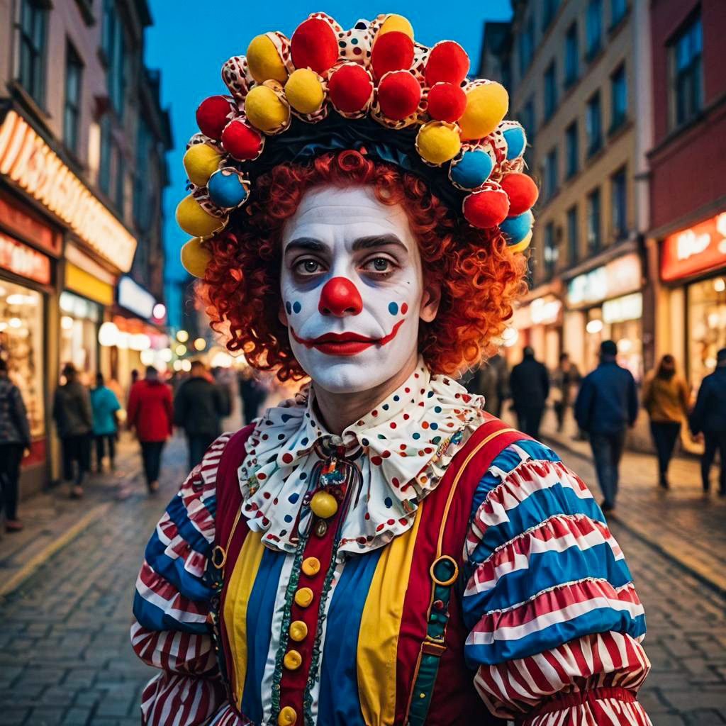 Man in Colorful Traditional Clown Costume on City Street at Twilight