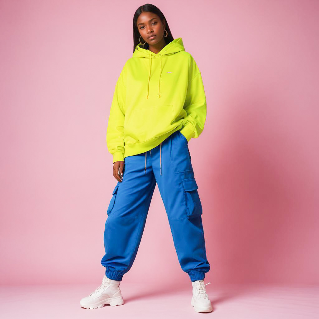 Stylish Woman in Neon Yellow Hoodie and Blue Cargo Pants