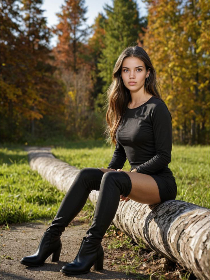 Woman in Black Outfit Sitting on Log Outdoors