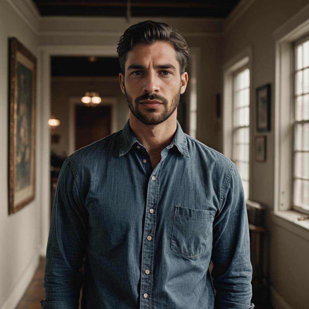 Confident Man in Denim Shirt in Elegant Hallway