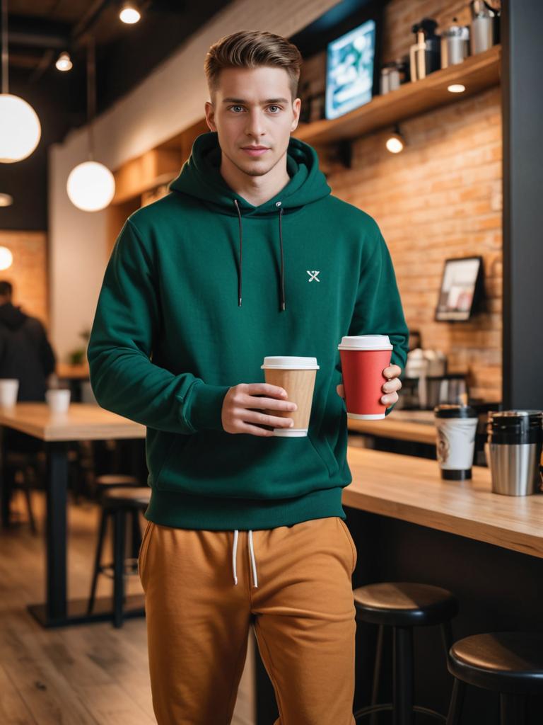 Young man in green hoodie with coffee in trendy cafe