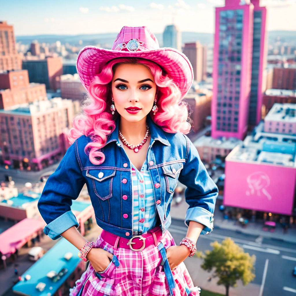 Woman with Pink Curly Hair in Cowboy Outfit Against Urban Backdrop