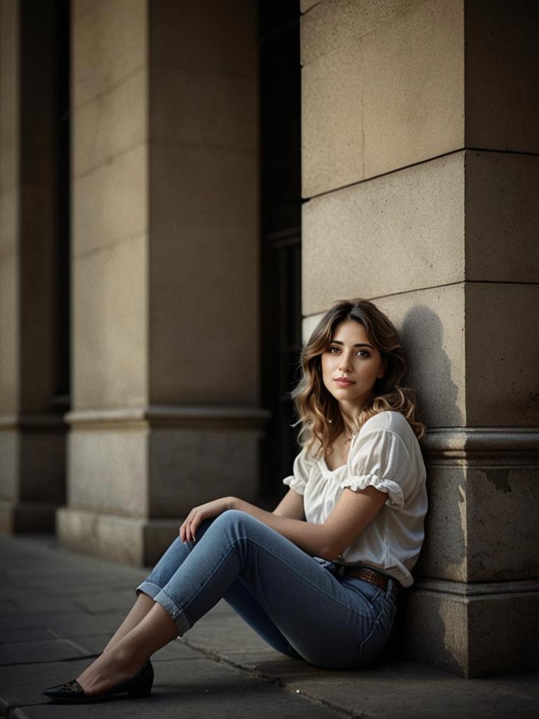 Stylish young woman against stone pillar