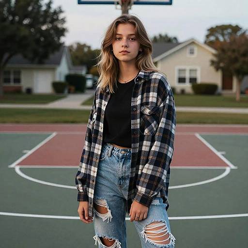 Gen Z Woman in Plaid Flannel and Ripped Jeans on Basketball Court
