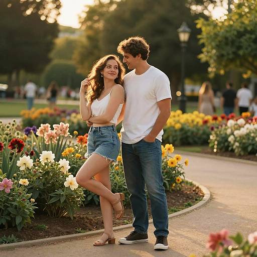 Young Couple Enjoying a Sunny Day in a Flower Garden