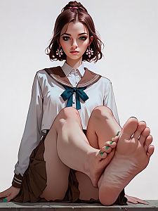 Anime Style Young Woman in Japanese School Uniform Sitting with Bare Feet