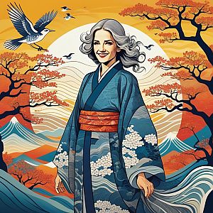Smiling Woman in Traditional Robe Against Vibrant Backdrop