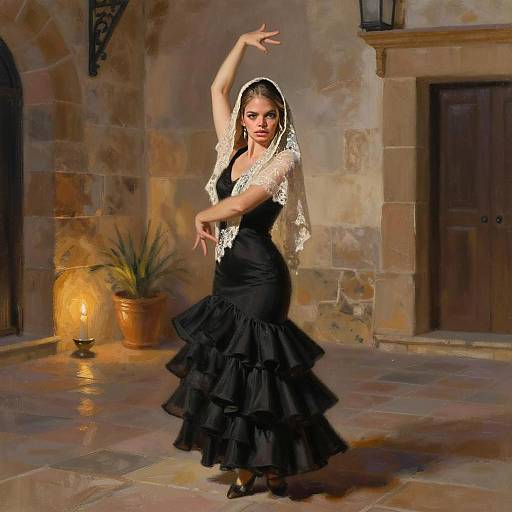 Woman in Traditional Black Flamenco Dress Performing in Courtyard