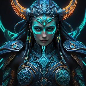 Woman in Glowing Armor with Tribal Designs