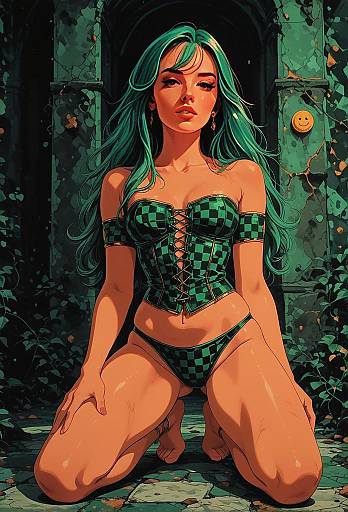 Digital Illustration of Woman in Green Checkered Corset and Bikini in Mystical Stone Archway
