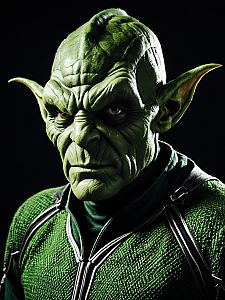 Photorealistic Portrait of Man in Green Goblin Costume with Detailed Makeup and Textured Outfit