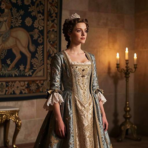 Woman in Elegant 18th Century Royal Gown with Tiara in Candlelit Room