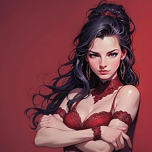 Confident Young Woman in Red Lace Lingerie