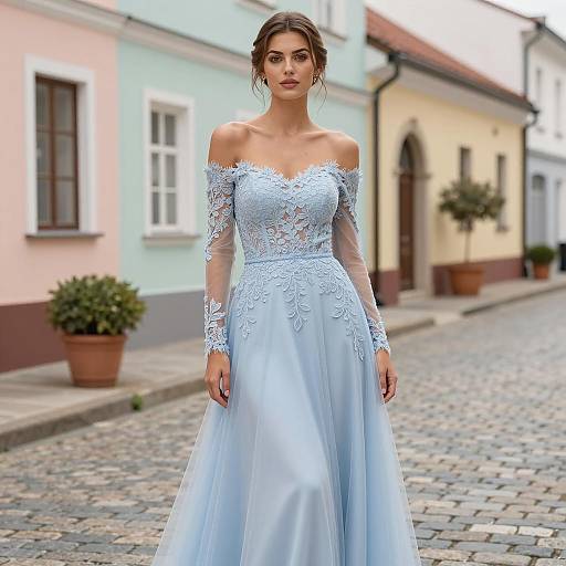 Elegant Light Blue Off-Shoulder Lace Gown on Cobblestone Street