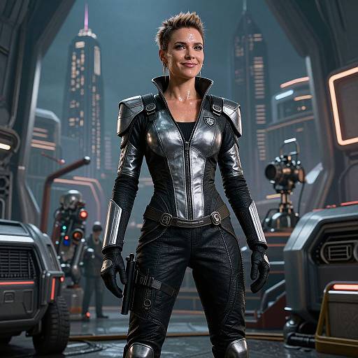 Futuristic Woman in Black Tactical Armor in Sci-Fi City
