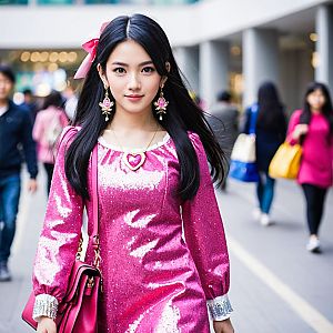 Stylish woman in pink dress with accessories in urban setting