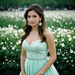 Young Woman in Seafoam Green Prom Dress with Long Brown Hair in Flower Garden