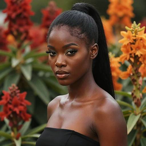 Confident Young Black Woman with High Ponytail Among Orange Flowers