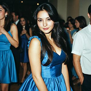 Young Woman in Blue Satin Dress at Formal Event
