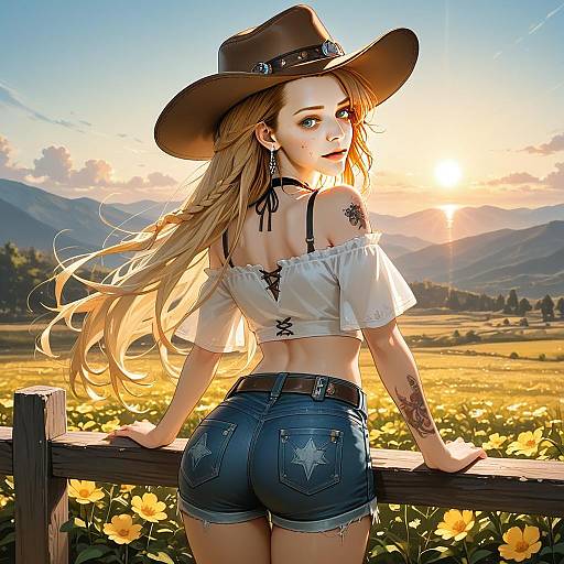 Digital Illustration of Woman in Cowboy Hat at Sunset on Countryside Field