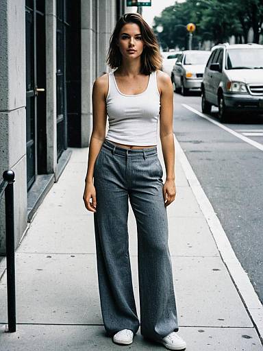 Woman in White Tank Top and Wide Grey Pants Walking in City