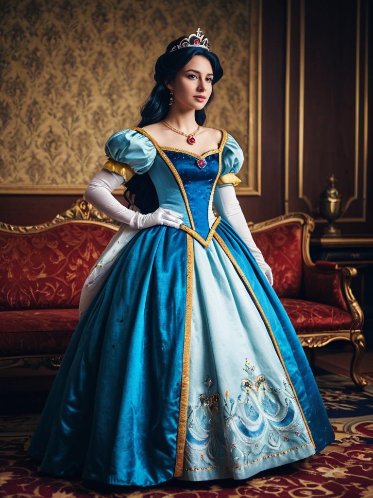 Woman in Disney Princess Dress Full Body Regal Cosplay Photo