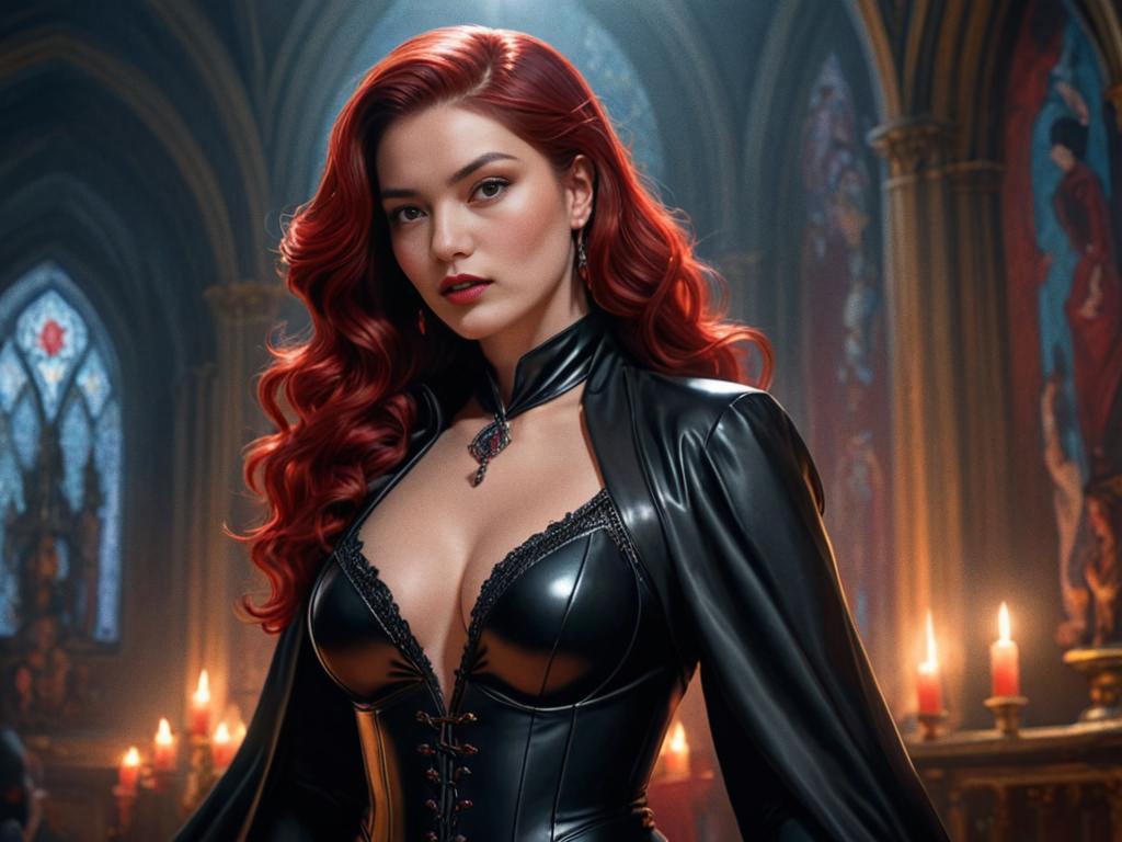 Elegant Woman in Black Gown with Red Hair in Gothic Setting