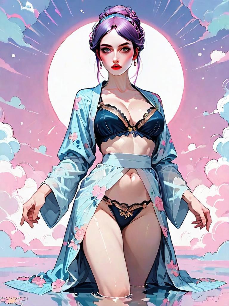 Dark Fantasy Digital Artwork of Woman in Lingerie and Floral Robe at Night