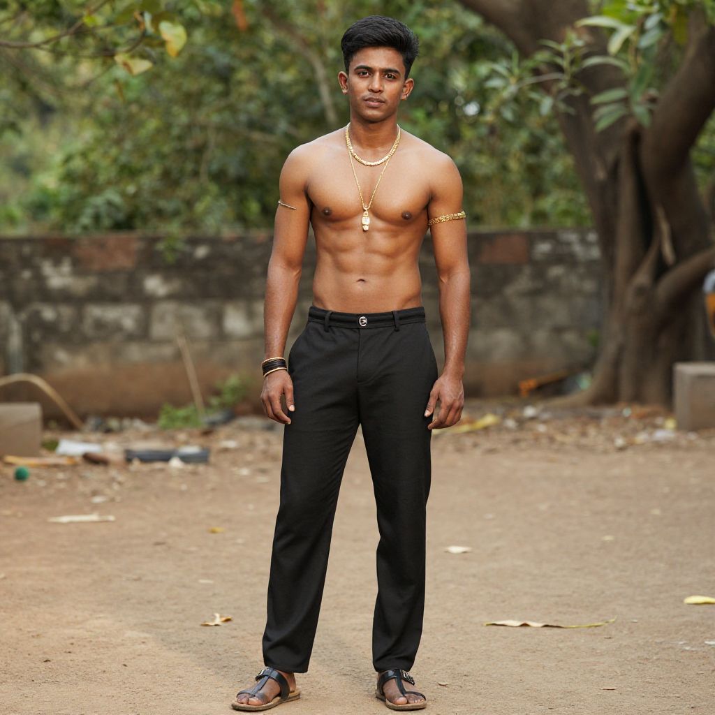 Confident Young Man Wearing Traditional Gold Jewelry and Black Trousers Outdoors