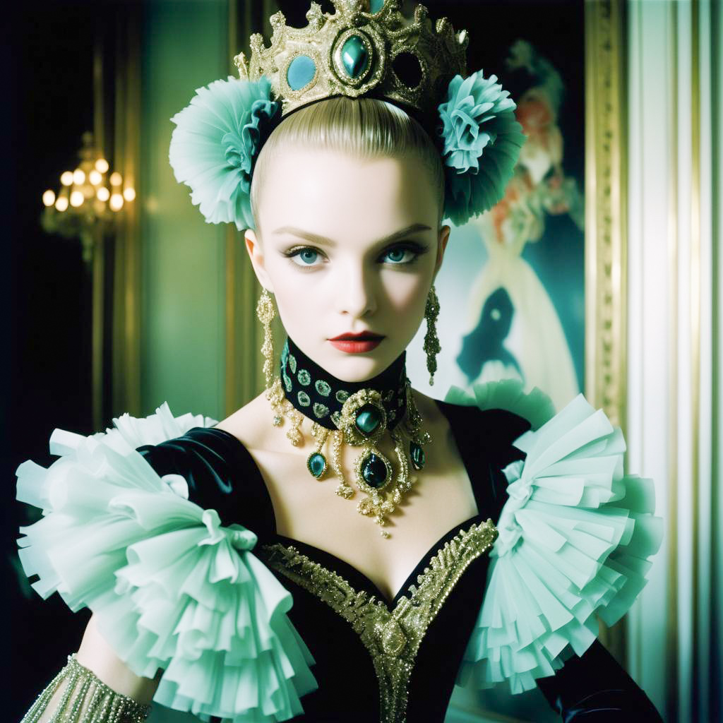 Woman in Vintage High-Fashion Costume with Crown