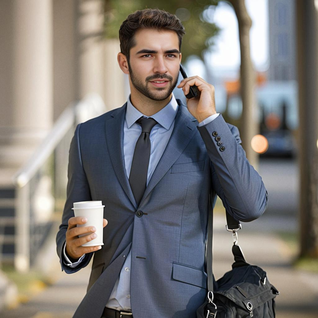 Confident Young Man in Tailored Suit with Coffee in Urban Setting