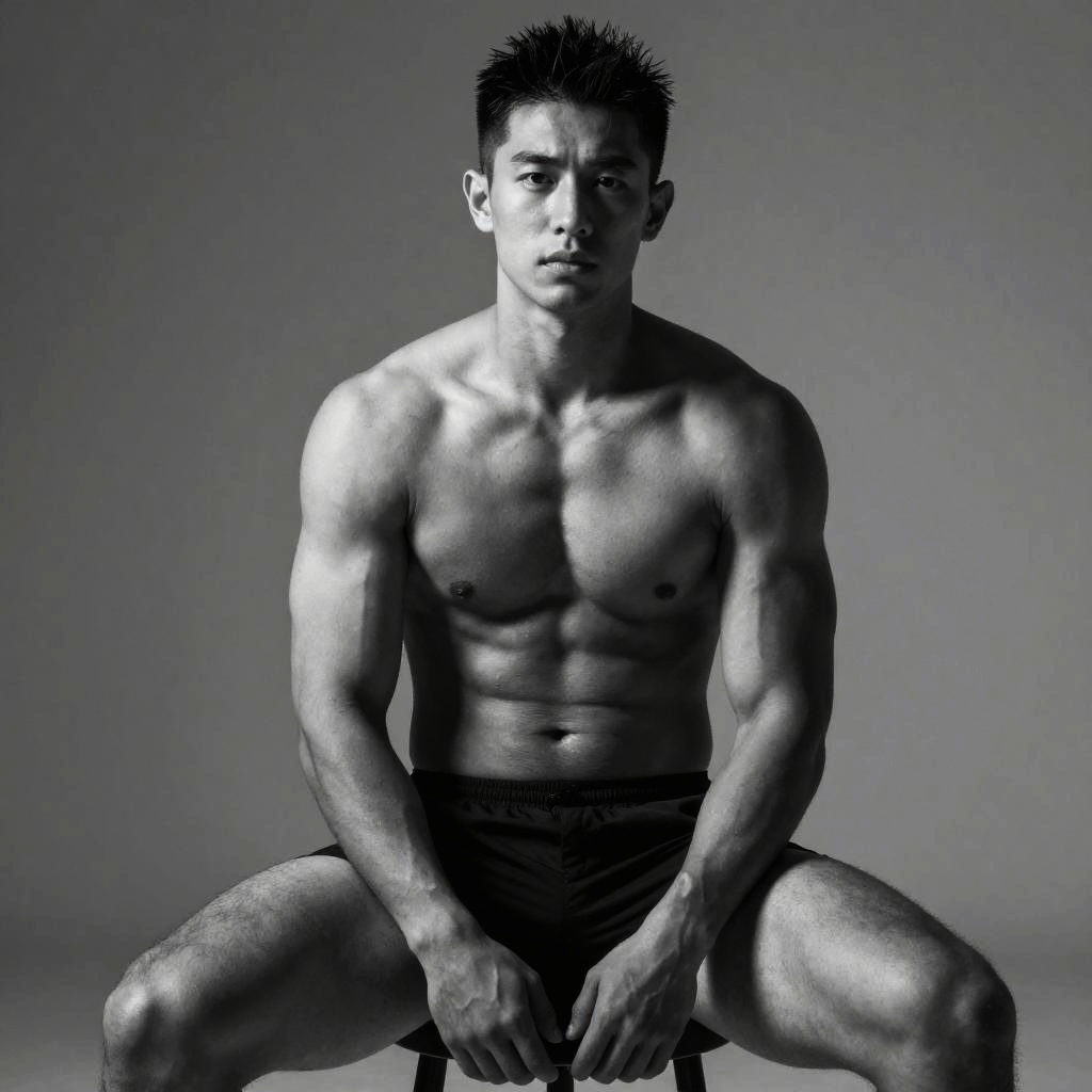 Muscular Young Man Posing in Black and White Fitness Portrait