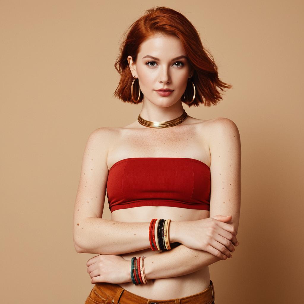 Redhaired Woman in Red Tube Top with Gold Jewelry and Bracelets