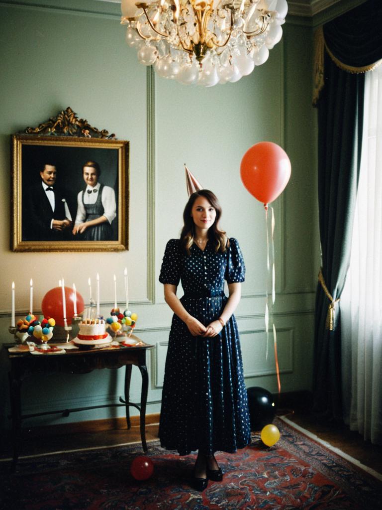 Vintage Style Woman Birthday Celebration with Balloons and Cake in Elegant Room