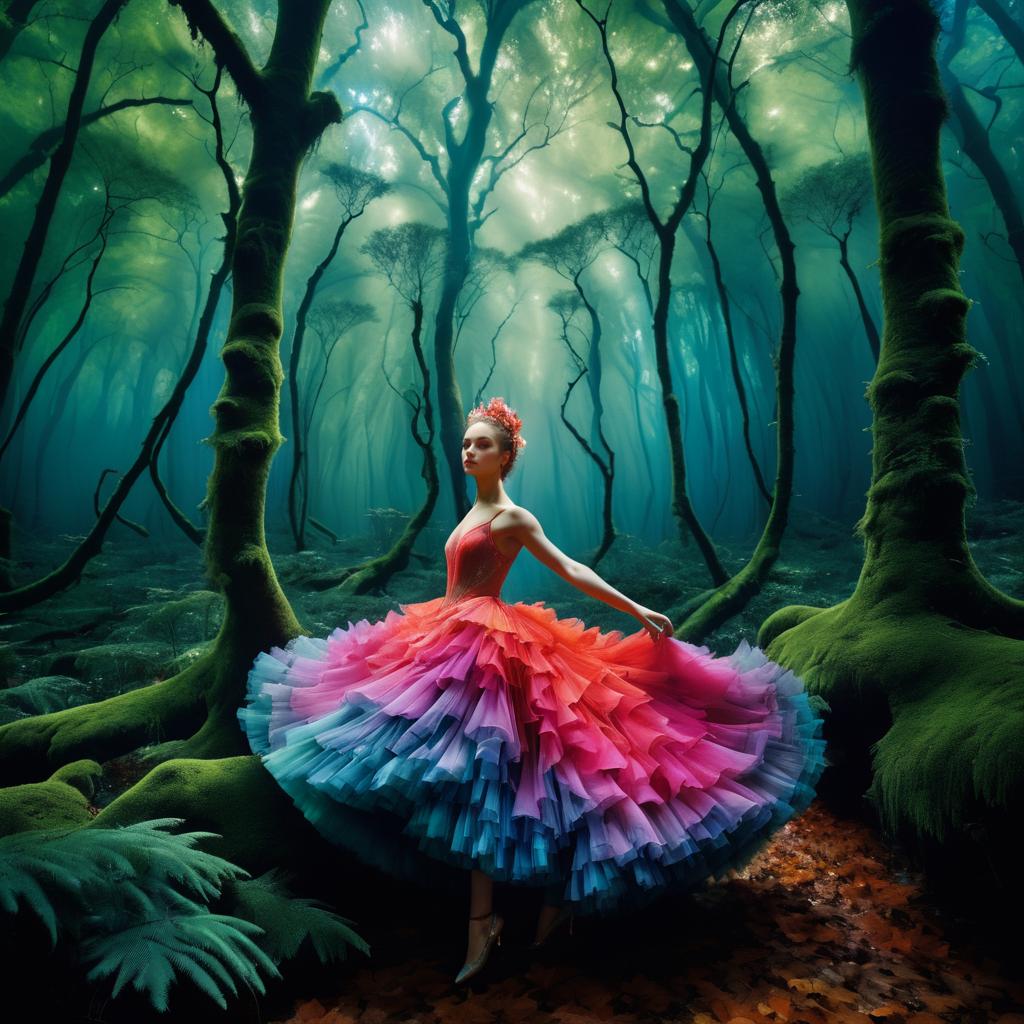 Woman in Vibrant Tulle Dress Twirling in Enchanted Forest